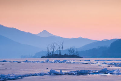 Scenic view of mountains against sky during sunset