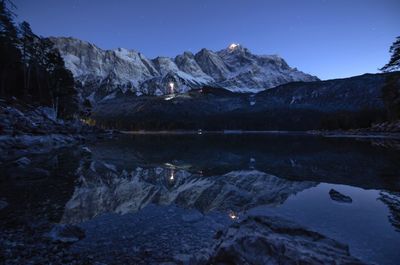 Scenic view of lake and snowcapped mountains against sky