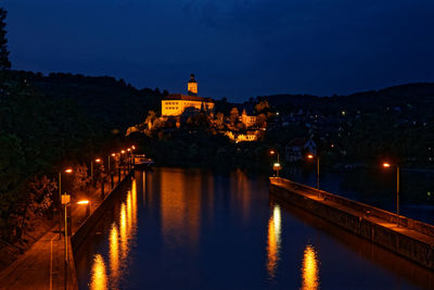 Reflection of illuminated buildings in water at night