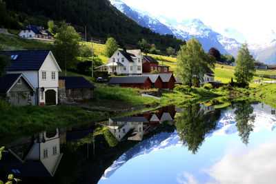 Houses by lake against snow capped-mountain and blue sky