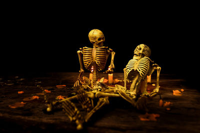 Close-up of human skeletons on table against black background