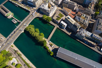 Aerial view of bridge over bay in city