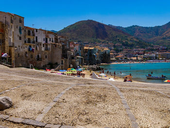 Panoramic view of mountains against clear sky