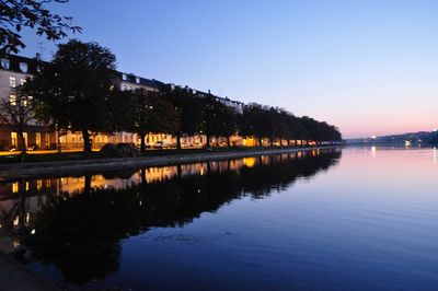 Scenic view of lake against clear sky at sunset