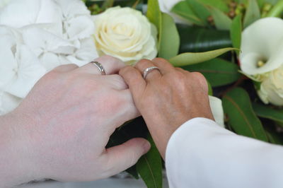 Cropped image of bride and groom holding hands by rose flower