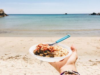 Cropped image of hand holding food plate in front of sea at beach