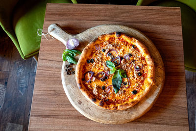 High angle view of pizza on table