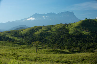 Scenic view of landscape and mountains against sky