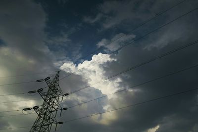 Low angle view of power lines against cloudy sky