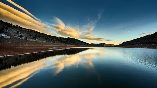 Scenic view of lake against sky during sunset