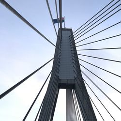 Low angle view of suspension bridge against clear sky