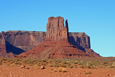 Rock formations on landscape against clear blue sky