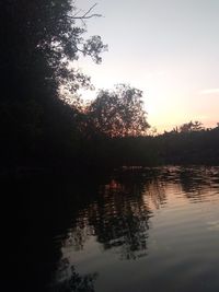 Silhouette trees by lake against sky at sunset