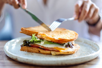 Closeup image of a woman eating ham cheese sandwich