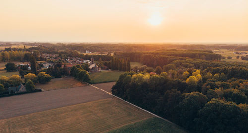 High angle view of landscape against sky during sunset