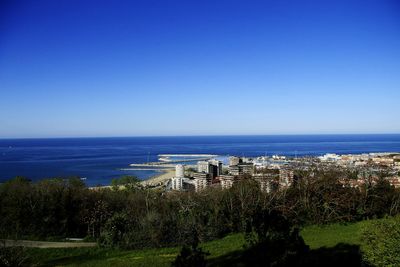 Scenic view of sea against clear blue sky