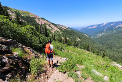 Rear view of man looking at mountain against sky