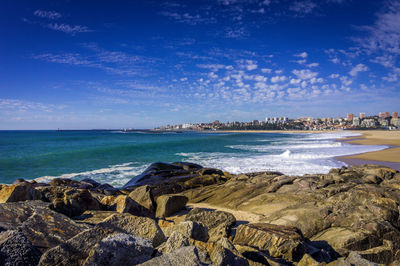 Scenic view of sea against blue sky