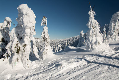 Snow covered landscape against sky