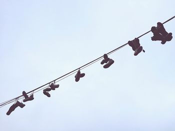 Low angle view of shoes hanging on power lines against clear sky