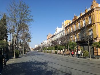 Road amidst trees and buildings against blue sky