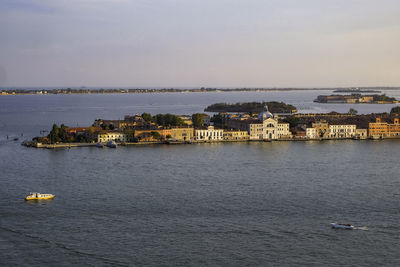 Aerial panoramic view of venice and the lagoon from campanile di san marco in saint mark square