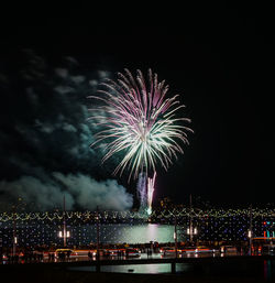 Firework display in city against sky at night