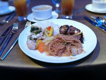 Close-up of food served in plate on table