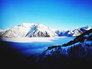 Scenic view of river and mountains against clear blue sky