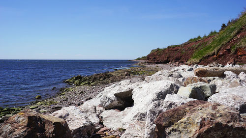 Scenic view of sea against clear blue sky