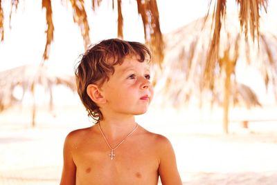 Portrait of shirtless boy on beach