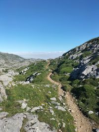 Scenic view of mountains against clear blue sky