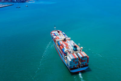 Industry business service logistics cargo containers ship import export by the sea camera from drone 
