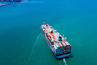 High angle view of ship sailing on sea