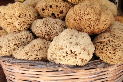 High angle view of sponges in basket