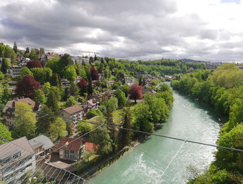 High angle view of plants and river against sky