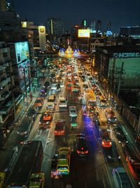 High angle view of traffic on city street at night