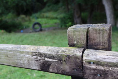Close-up of old wooden bench in park