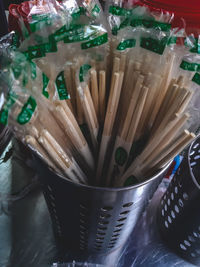 High angle view of paintbrushes on table