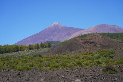 Scenic view of mountains against clear blue sky