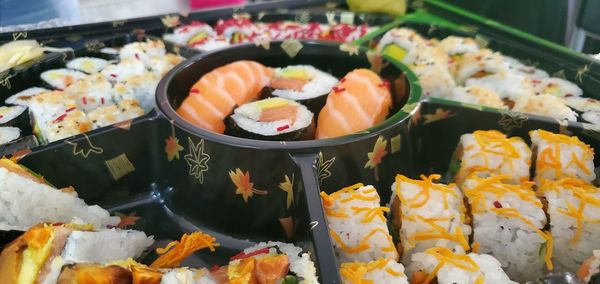 High angle view of sushi in tray