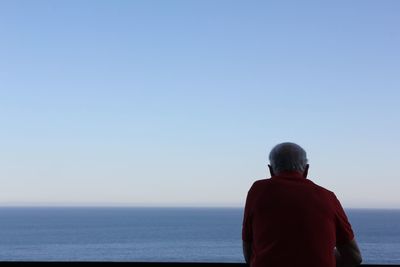 Rear view of man looking at sea against clear sky