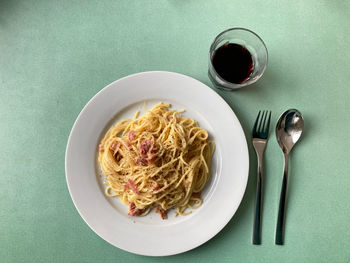 High angle view of noodles in plate