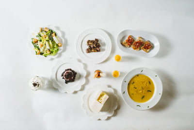 High angle view of food served on table
