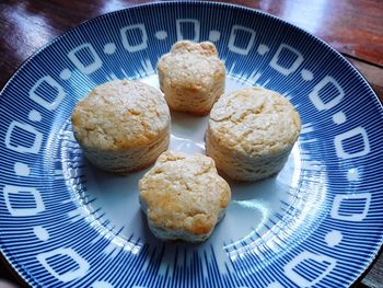 High angle view of cookies in plate on table