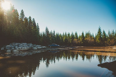 Scenic view of lake in forest against clear sky