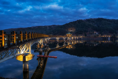 Woryonggyo wooden bridge in andong, south korea taken at night during night light illumination.