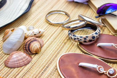 High angle view of shells on table