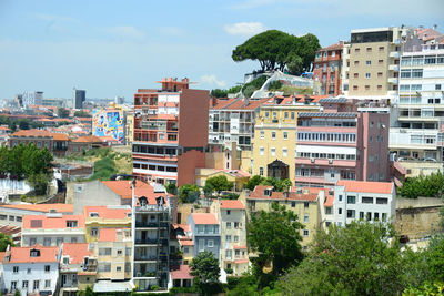 High angle view of residential buildings against sky