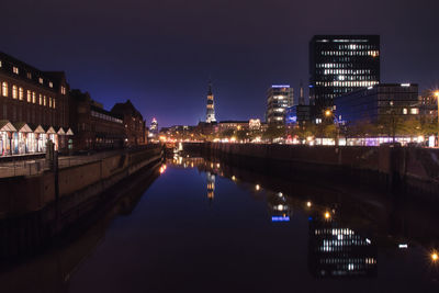 Reflection of buildings in city at night